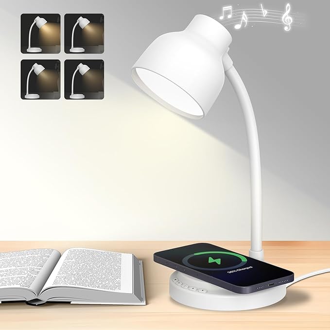 LED Desk Lamp for Office Home,Table lamp with Speaker,Desk Lamp for College Dorm Room,4 Brightness,Dimmable Table Lamp Eye Caring Reading Light(White)