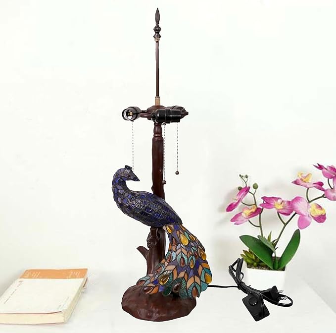Large Tiffany Table Lamp 18" Wide Handmade Stained Glass Lamp Shade 3 Light Peacock Style Vintage Desk Light for Living Room Bedroom Bedside Reading Light,Grape