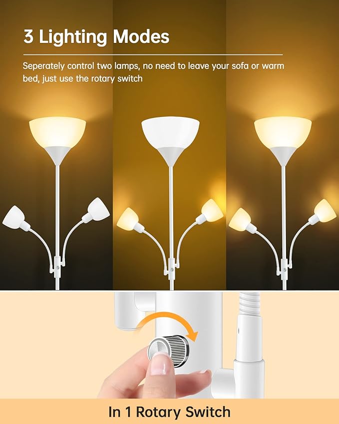 Floor Lamp White, Standing Lamp, 71" Tall Lamps for Living Room, 3 Way Switch, Plastic Lampshade, Torchiere Floor Lamp with Reading Lamps, Modern Pole Lamps for Bedroom Kids Room E26 Base(No Bulb)