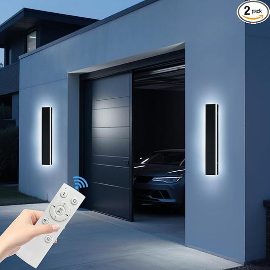 Upgrade Widened 2 Pack 23.6inch Outdoor Wall Sconce, 3000K-6000K Dimmable Modern LED Wall Mount Light, IP65 Waterproof, Black Exterior Lighting for House, Porch, Garage with Remote Control