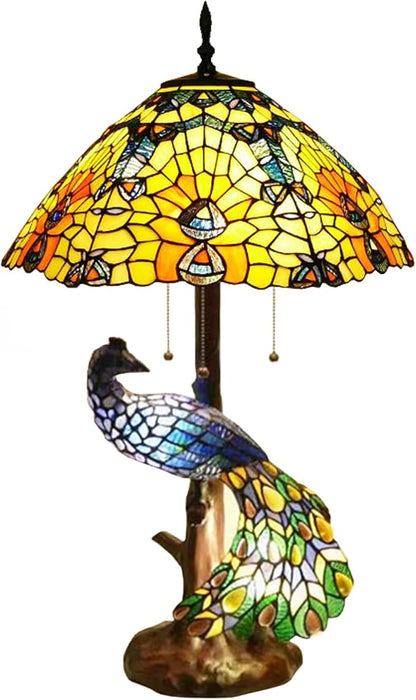 Large Tiffany Table Lamp 18" Wide Handmade Stained Glass Lamp Shade 3 Light Peacock Style Vintage Desk Light for Living Room Bedroom Bedside Reading Light,Peacock
