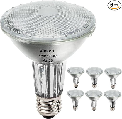 Vinaco PAR30 Long Neck 60W, 6 Pack Long Lasting PAR30 Halogen Flood Light Warm White 2800K, PAR30 Dimmable, High Output Flood Light Bulb 120V with E26 Base for Indoor/Outdoor