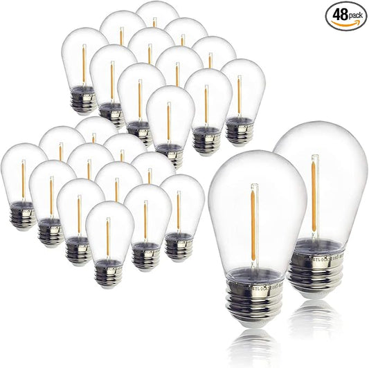 Jslinter 48-Pack LED 1W String Light Bulbs, S14 Plastic Shatterproof Edison Vintage Style Replacement 1 Watt Outdoor Light Bulbs 2200K, Waterproof, Warm White Equivalent to 11w, e26 Base