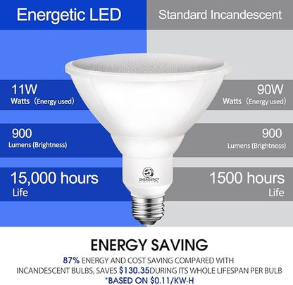 Energetic PAR38 LED Flood Outdoor Light Bulb, 6000K Cool Daylight, 90 Watt Equivalent (11W), Wet Rated, 900LM, E26 Base, Non-Dimmable, ETL, 6 Pack