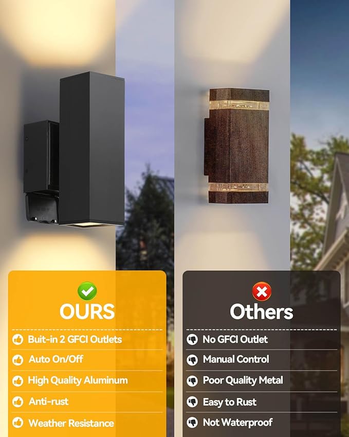 RAYVO Porch Light with Outlet Dusk to Dawn Outdoor Light Fixture Wall Mount with Matte Black Finish, Square Up and Down Lights Outdoor Sconce Aluminum Outside Lights for House Porch Garage Patio
