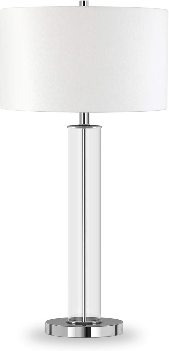 Harlow 29" Tall Table Lamp with Fabric Shade in Clear Glass/Polished Nickel/White