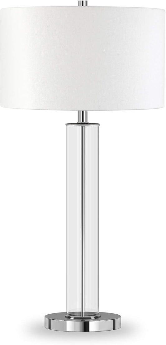 Harlow 29" Tall Table Lamp with Fabric Shade in Clear Glass/Polished Nickel/White