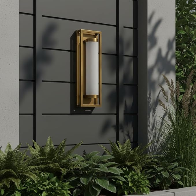 Hyunbae Outdoor Wall Sconce, Mid Century Modern Outdoor Wall Light Fixtures, 15W Dimmable LED Exterior Lights for House Patio Porch Garage Entryway Doorway, Brass, 3000K
