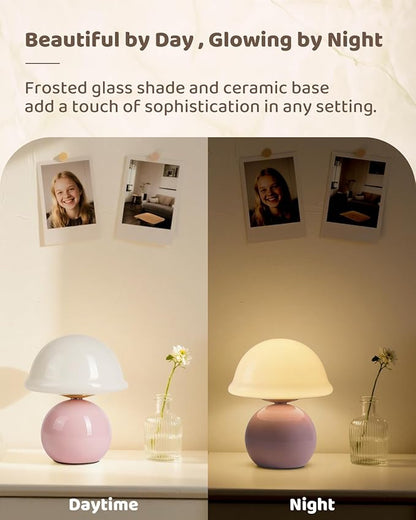Mushroom Table Lamp for Bedroom, Cozy Bedside Lamp with Glass Shade, Stepless Dimmable Nightstand Lamp for Relaxing Bedroom Decor & Aesthetic Home (Pink)