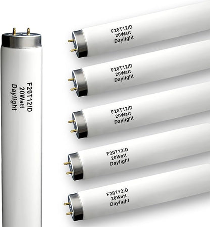 6 Pack 2FT F20T12/D Daylight Fluorescent Bulb, 24 Inch 6500K 20 Watt Full Spectrum Light, 1.5 Inch Diameter T12 Linear Tube, High Transparency CRI 85+