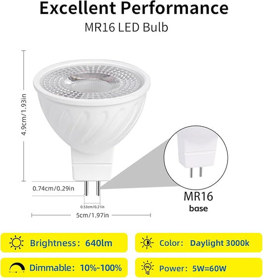 MR16 LED Bulb 50W Halogen Equivalent,2700K Warm White,5W MR16 GU5.3 12-36V AC&DC Spotlight Bulb,38° Beam Angle for Landscape,Dimmable,12-Pack.