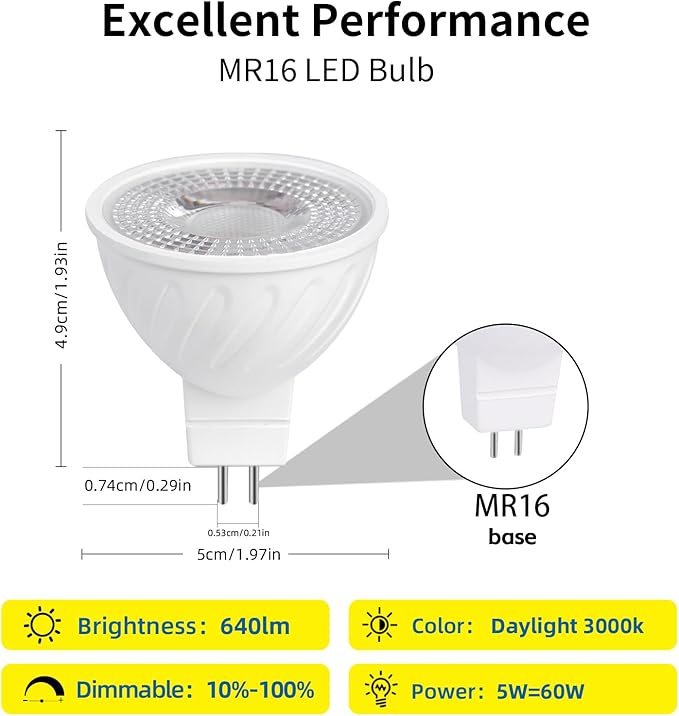 MR16 LED Bulb 50W Halogen Equivalent,3000K Warm White,5W MR16 GU5.3 12-18V AC&DC Spotlight Bulb,38° Beam Angle for Landscape,Dimmable,12pack.