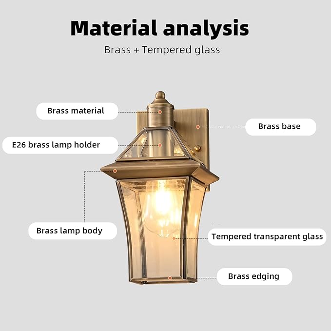 Waterproof Brass Outdoor Wall Lanterns (2-Pack) - E26 Socket & Glass Shade Exterior Wall-Mounted Lights, Rustproof Modern Sconces for Front Door, Porch, Yard & Entryway