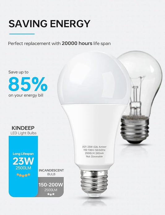 KINDEEP Yellow Bug Light Bulb Outdoor, 150W-200W Equivalent LED Bug Light for Outside, A21 E26 23W 2000K Warm Lights Bulbs for Porch/Patio/Hallway/Backyard, Non-Dim White Housing, 4 Pack