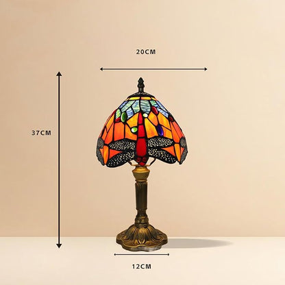 8 inch Dragonfly Stained Glass Style Table lamp Vintage Small Blue Orange Multi-Colored Shade Light Home livingroom Bedroom Bedside Light Desk Decor Decoration 14.6" Tall