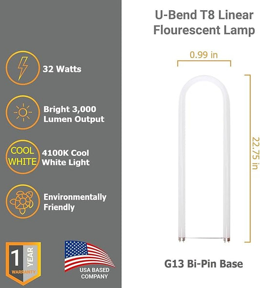 Diodesy- U-Bend T8 Fluorescent Tube Light Bulb 32W 3000 Lumens 4100K Cool White G13 Miniature Bi-Pin Base Rohs Compliant Pack of 12- U Shaped Linear Replacement Lamp