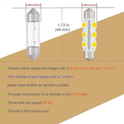 360 deg 44mm DC 12V 561 Led Bulb Natural White,562 567 566 212-2 LED Festoon Bulb for Automotive Interior Reading Map Glove box Lights Non Polarity(Pack 6)