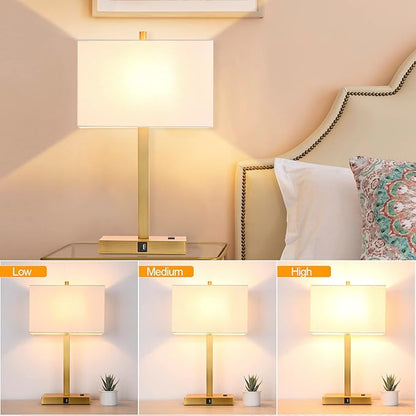21" Touch Bedside lamps with 2 USB & AC Outlets, 3-Way Dimmable Bedside Table Lamps Set of 2 for Bedroom Living Room Office Reading, White Shade Lamps for Night Stands, 2700K LED Bulbs Included