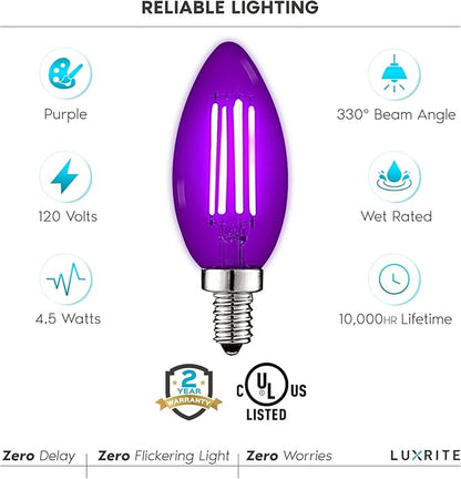 Luxrite E12 LED Filament Purple Light Bulbs, 4.5W (40W Equivalent), Colored Glass Candelabra Bulb, UL Listed, E12 Base, Indoor Outdoor, Porch, Decoration, Party, Holiday, Event, Home Lighting (6 Pack)