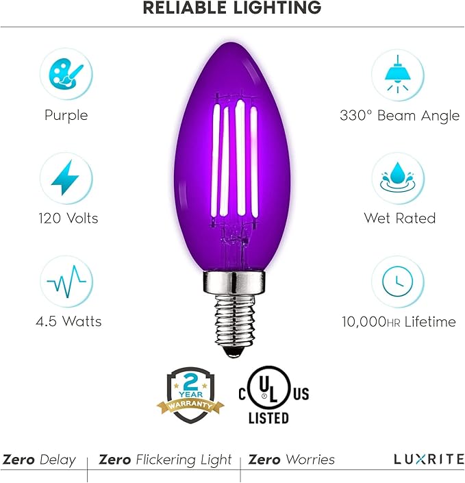 Luxrite E12 LED Filament Purple Light Bulbs, 4.5W (40W Equivalent), Colored Glass Candelabra Bulb, UL Listed, E12 Base, Indoor Outdoor, Porch, Decoration, Party, Holiday, Event, Home Lighting (2 Pack)