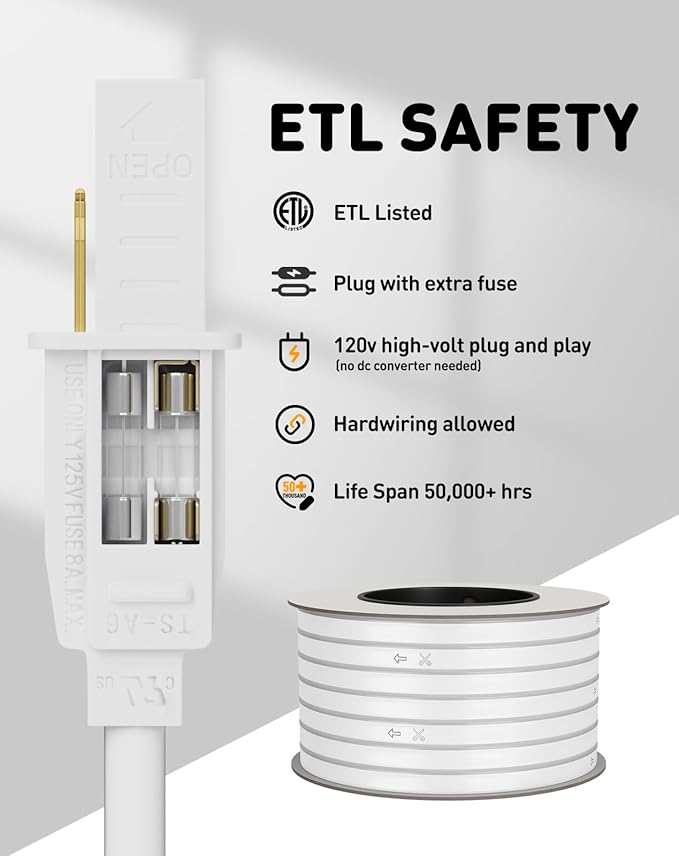 Shine Decor LED Rope Lights AC 120V, Connectable & Cuttable Dotless 120LEDs/M Eco Neon Strip Lighting, ETL IP65 Waterproof & Weather-Resistant for Home Commercial, 8x16mm, 6000K Cool White, 65.6FT