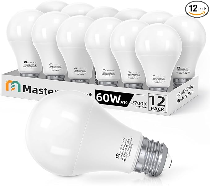 MASTERY MART A19 LED Bulbs 60 Watt Equivalent, 9W Non-Dimmable, Flicker-Free, 800 Lumens, Soft White 2700K, E26 Base, 10000 Hours, Energy Saving, Bright for Living Room, Bedroom, 12 Pack