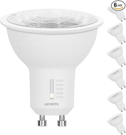 LUXRITE GU10 LED Bulbs Dimmable, 50W Halogen Equivalent, 5 Color Selectable 2700K-5000K, 6.5 Watt, 500 Lumens, 120V Spotlight LED Bulb GU10, Enclosed Fixture Rated (6 Pack)