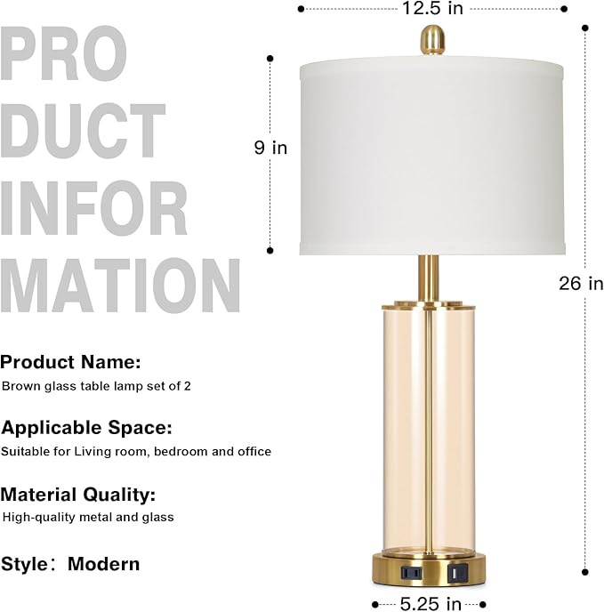 26" Modern Brown Glass Table Lamps Set of 2, Bedside Lamp with USB A+C Ports & AC Outlet, Living Room Lamps with 3-Way Dimmable Touch Control, Stylish Bedside Lamp for Bedroom Nightstand Dining Table