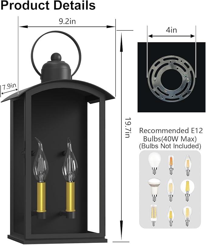 19.7IN Outdoor Wall Light Fixtures, Dusk to Dawn Exterior Lanterns Waterproof, Large Porch Sconces Wall Mounted Lighting, Modern Matte Black Front Open Window Wall Lamps for Patio