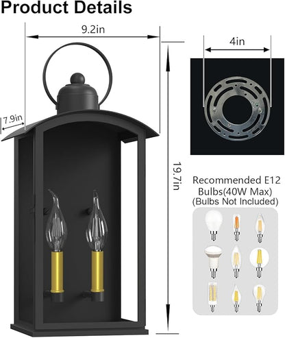 19.7IN Outdoor Wall Light Fixtures, Dusk to Dawn Exterior Lanterns Waterproof, Large Porch Sconces Wall Mounted Lighting, Modern Matte Black Front Open Window Wall Lamps for Patio