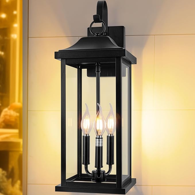 2-Pack 23" Extra Large Outdoor Wall Lights Candelabra 3-Light, IP65 Waterproof Exterior Lights with Clear Glass Front Porch Lanterns Outdoor Wall Sconce Lighting Outside Coach Lights, E12