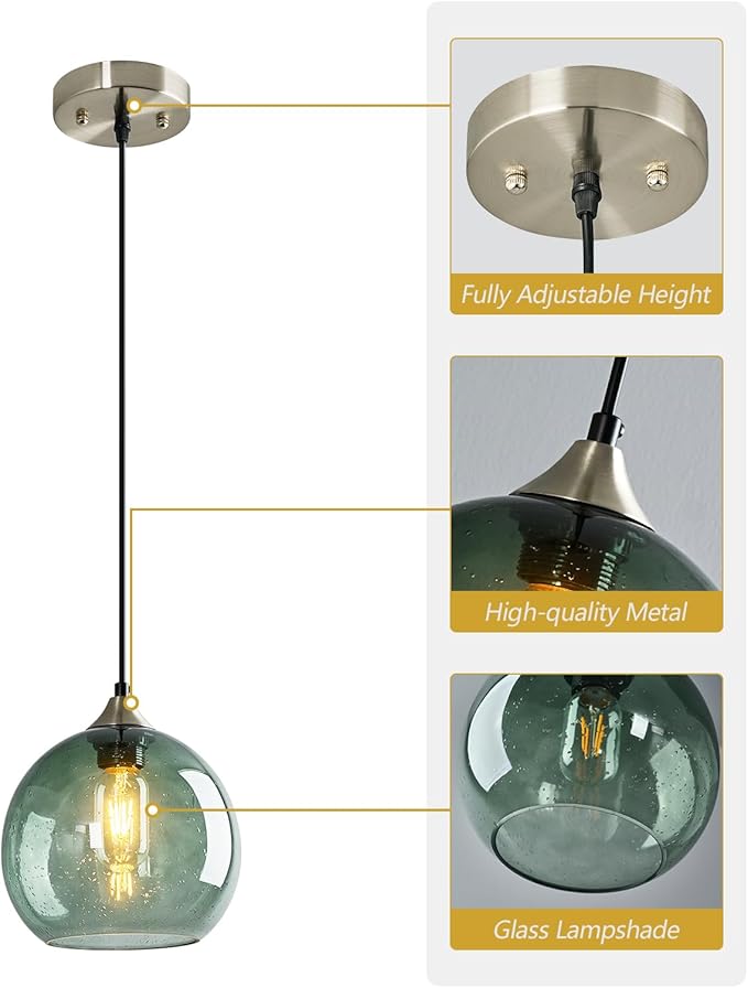 Gray Green Glass Pendant Lights Kitchen Island Lighting Globe Pendant Light Fixtures Modern Pendant Lighting for Kitchen Island Bedroom Living Dining Room Light Fixture(7.87in, 3-Pack)