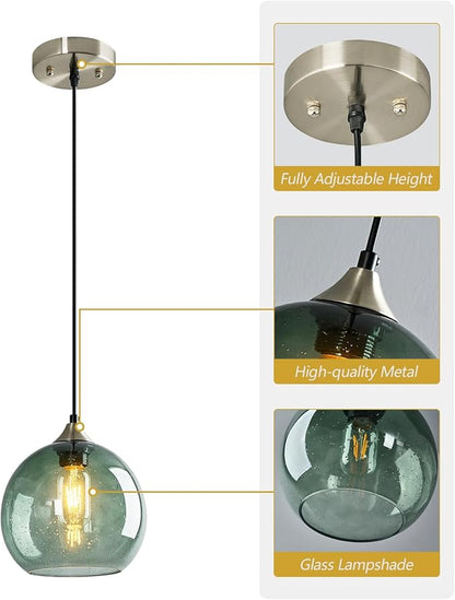 Gray Green Glass Pendant Lights Kitchen Island Lighting Globe Pendant Light Fixtures Modern Pendant Lighting for Kitchen Island Bedroom Living Dining Room Light Fixture(7.87in, 3-Pack)