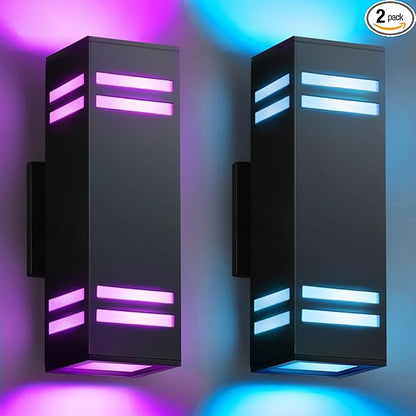 SHIMR Smart Outdoor Lights Color Changing 2 Pack, RGB+2700K-6500K Outdoor Wall Sconce Square Aluminum Exterior Lighting Fixtures Waterproof, APP Control Up and Down Lights [ETL Listed]