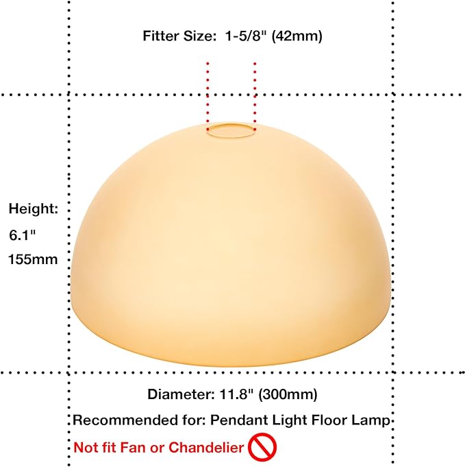 Bowl Glass Lamp Shade Replacement, 1-5/8 inch Fitter, 11.8" Diameter, 6.1" Height, Frosted Amber Globe Cover for Kitchen Island Pendant Light