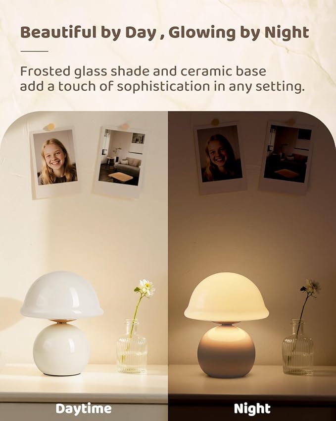 Mushroom Table Lamp for Bedroom, Cozy Bedside Lamp with Glass Shade, Stepless Dimmable Nightstand Lamp for Relaxing Bedroom Decor & Aesthetic Home (White)