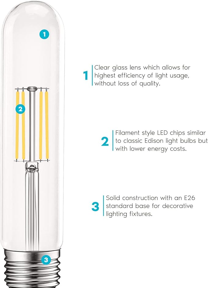LUXRITE Vintage T9 LED Tube Light Bulbs 60W Equivalent, 4000K Cool White, 550 Lumens, Dimmable Edison Tubular Light Bulbs 5W, Clear Glass, LED Filament Bulb, UL Listed, E26 Standard Base (4 Pack)