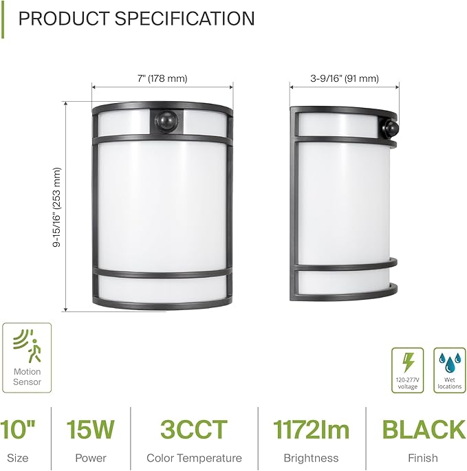 ASD 10 Inch LED Outdoor & Indoor Wall Mount Light Fixture with Motion Sensor - Black Wall Sconce Lighting - 15W 120-277V 3000K 4000K 5000K Adjustable Exterior Lights - Front Door & Patio - ETL 4 Pack