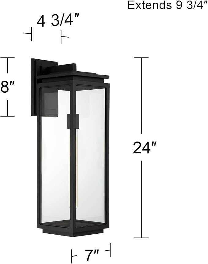 Possini Euro Design Atkins 24" High Modern Outdoor Wall Light Fixture Mount Porch House Exterior Outside Lantern Edison Bulb Weatherproof Matte Black Die Cast Metal Clear Glass Shade Front Door
