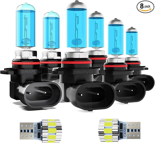 Compatible With Toyota Sienna 2006-2010 Halogen Headlight Bulbs, 9005/HB3/H10 High Beam + 9006/HB4 Low Beam halogen + 9006 fog lights,T10 License Plate Lights, Plug N Play,Pack of 8