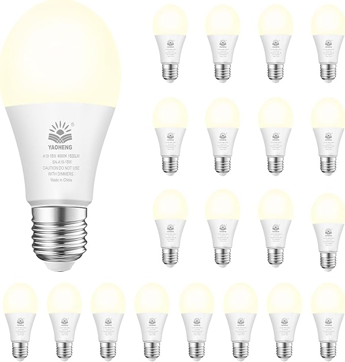 A19 LED Light Bulb, 100 Watt Equivalent LED Bulbs, 4000K Neutral White, 1500 Lumens, Standard E26 Base, Non-Dimmable, 15W Super Bright Light Bulbs for Home, Office Lamp, ETL Listed(20-Pack)