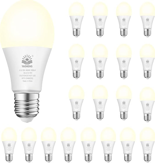 A19 LED Light Bulb, 100 Watt Equivalent LED Bulbs, 4000K Neutral White, 1500 Lumens, Standard E26 Base, Non-Dimmable, 15W Super Bright Light Bulbs for Home, Office Lamp, ETL Listed(20-Pack)