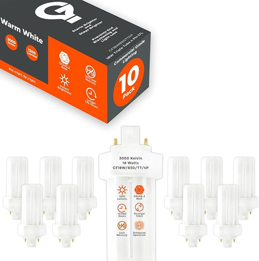 GoodBulb 18 Watt CFL Light Bulbs 4 Pin GX24Q-2 Base 3000K Warm White 18W High Output 1200 Lumens Triple Tube Compact Fluorescent Light Bulbs Plug-in 10 Pack