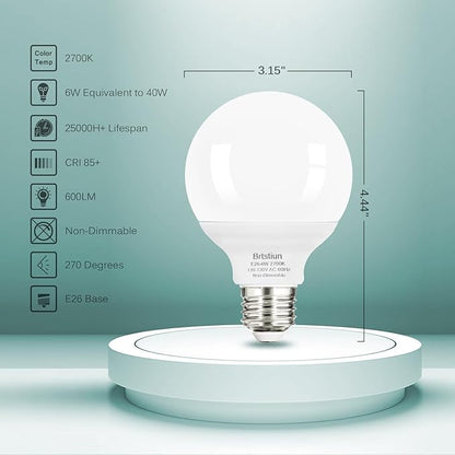 G25 LED Light Bulbs, Round Vanity Light Bulbs for Bathroom, 40W Equivalent, Soft White 2700K, E26 Base Globe Light Bulb, 600LM, Non-Dimmable, 20-Pack