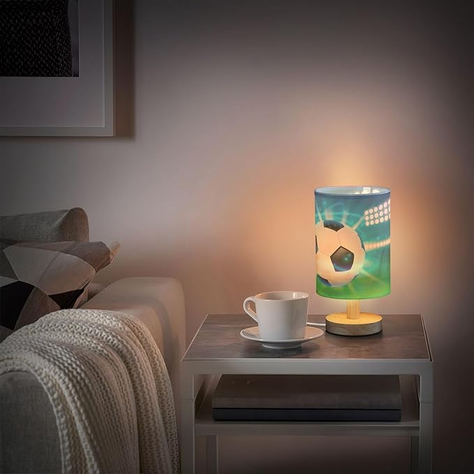 Bedside Lamp Soccer Ball on Field Table Lamp for Bedroom LED Nightstand Lamp Shade USB Ports Wood Base for Living Room Dorm Office