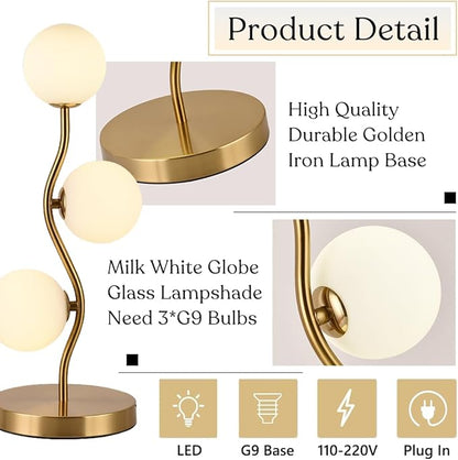 Mid Century Gold Globe Table Lamp 3-Light Flower Curve Beside Desk Table Light with Milk White Glass Shade Metal Base Nightstand Lamp for Bedroom Bedside