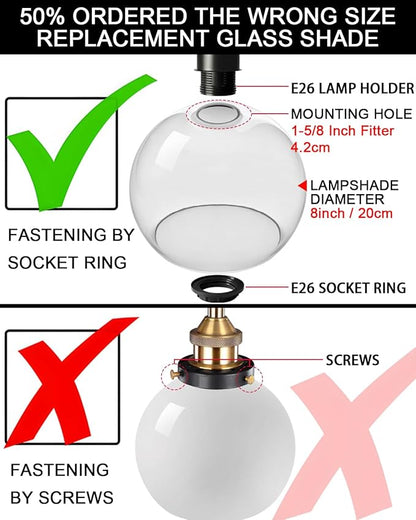 Fixture Replacement Globe Shade with 1.65 Inch Fitter, 8 Inch Diameter, E26 Base 1-5/8 Inch Fitter, Glass Lampshade Cover for Pendant Wall Sconce Chandelier Vanity Light (Seeded Clear)
