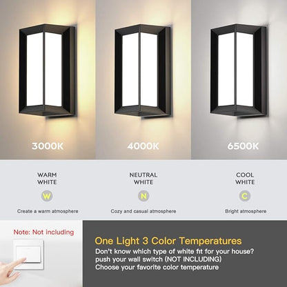 Sytmhoe Outdoor Wall Lights,2Packs Exterior Light Fixture,LED Wall Sconce 3-Color-Changeable Wall Mounted Lamps,Matte Black Porch&Patio Light Outdoor,IP65 Waterproof for Hallway Stairs Gardens