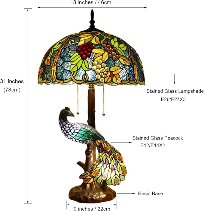 Large Tiffany Table Lamp 18" Wide Handmade Stained Glass Lamp Shade 3 Light Peacock Style Vintage Desk Light for Living Room Bedroom Bedside Reading Light,Grape