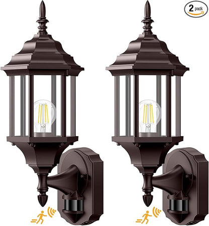 Redluck Motion Sensor Outdoor Lights, 2 Pack 16 inch Dusk to Dawn Outside Porch Lights, Waterproof Anti-Rust Outdoor Wall Lights Exterior Lighting Fixtures for House, Front Door, Brown
